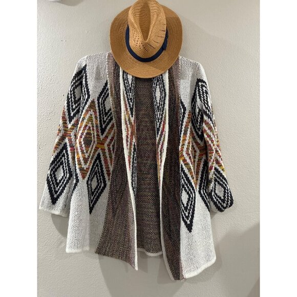 Woven Heart Aztec Cardigan Womens Sweater cotton multicolor siz large open front - Picture 2 of 8